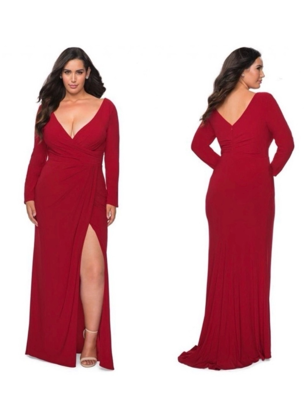 La Femme 29044 Long Sleeve Faux Wrap Jersey Gown Red Size 14
